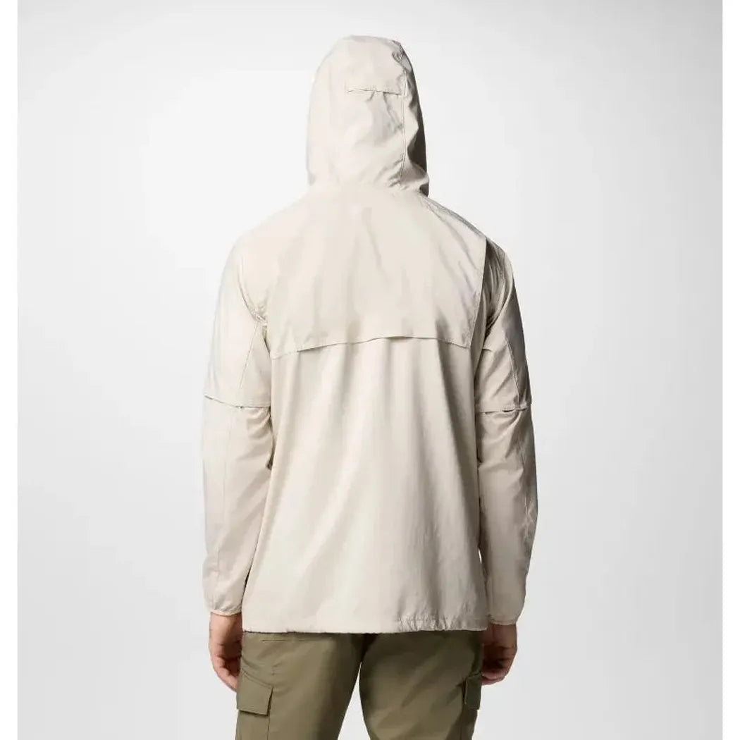 Back view of the Columbia Sportswear Men's Skien Valley Hooded Long Sleeve Shirt in Dark Stone on a model against a plain white background.