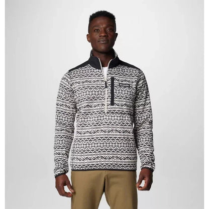 A front view of the Columbia Sportswear Men's Sweater Weather Printed Half Zip in Dark Stone Madras Tonal on a model against a plain background.