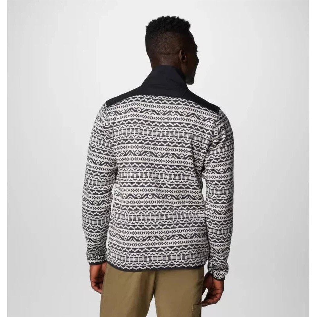 Back view of the Columbia Sportswear Men's Sweater Weather Printed Half Zip jacket with a dark collar, worn by a model against a plain white background.