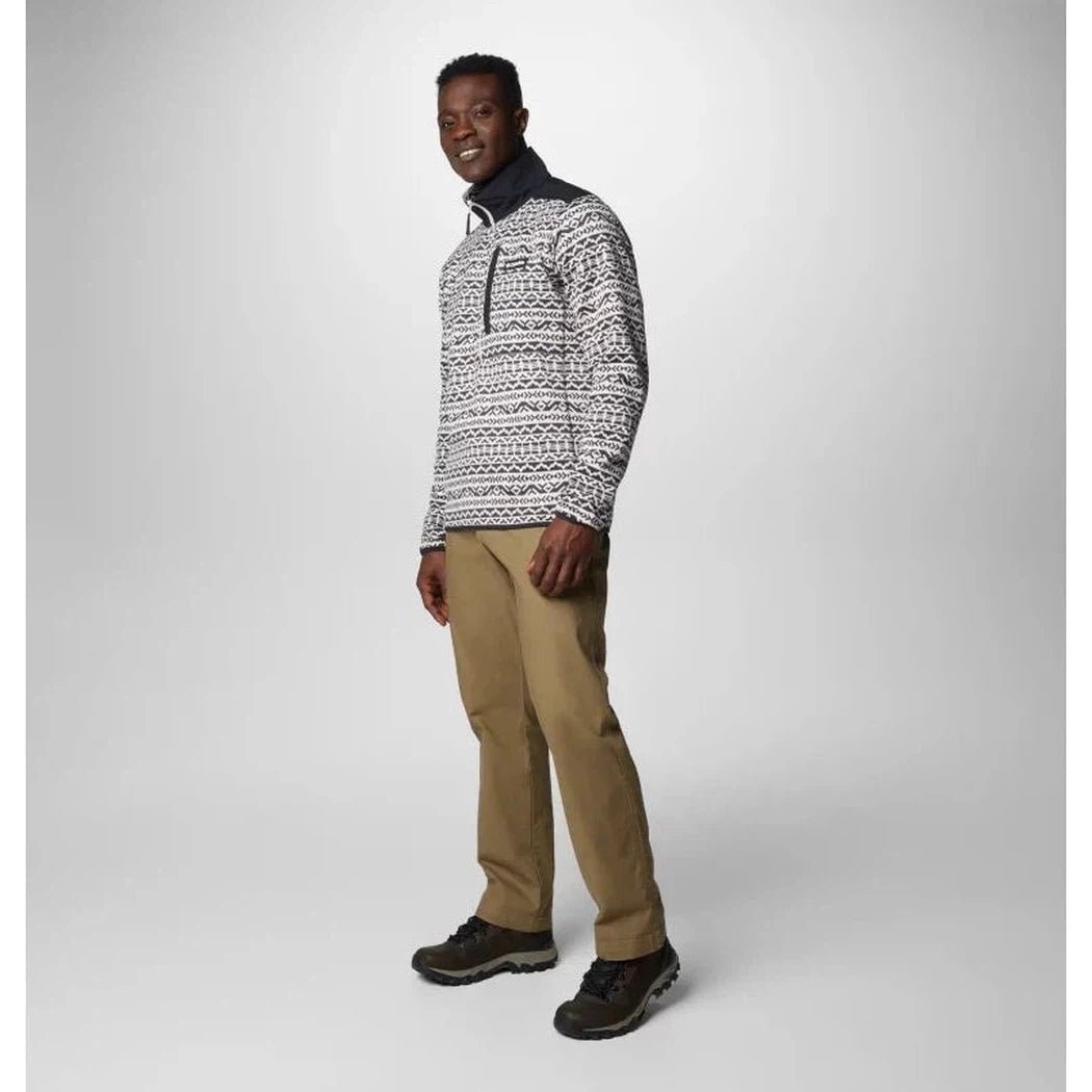 Side view of the Columbia Sportswear Men's Sweater Weather Printed Half Zip in Dark Stone Madras Tonal on a model against a light background.