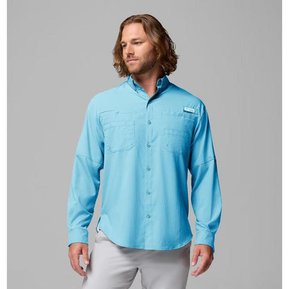 A front view of the Columbia Sportswear Men's Tamiami II Long-Sleeve Shirt in Fossil against a gray background.