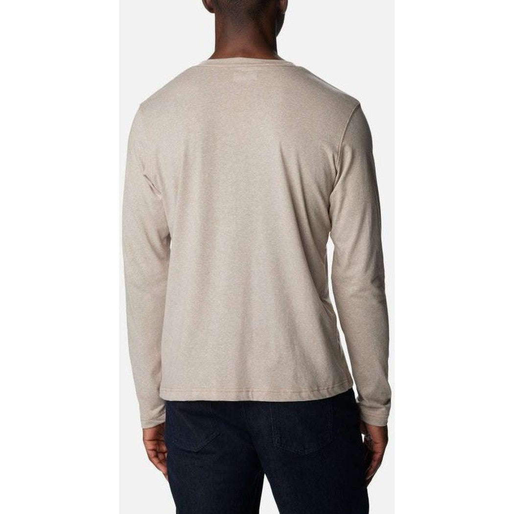 Back view of the Columbia Sportswear Men's Thisltetown Hills Henley in Delta Heather on a model wearing dark pants against a plain background.