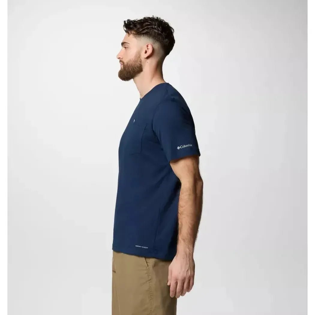 Side view of the Columbia Sportswear Men's Thistletown Hills Pocket Tee in Safari Heather showing the pocket and Columbia logo on the sleeve against a plain white background.