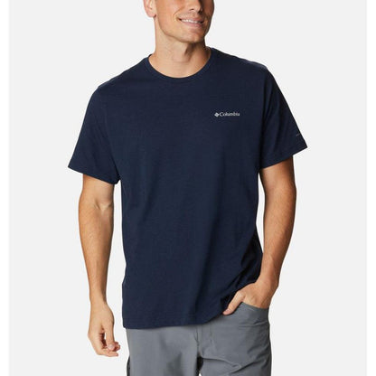 A front view of the Columbia Sportswear Men's Thistletown Hills Short Sleeve in Collegiate blue on a model with a white background.
