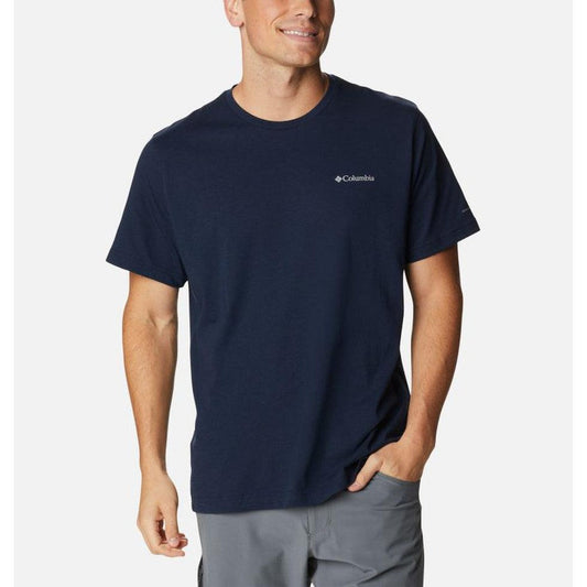 A front view of the Columbia Sportswear Men's Thistletown Hills Short Sleeve in Collegiate blue on a model with a white background.