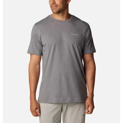 A front view of the Columbia Sportswear Men's Thistletown Hills Short Sleeve in Collegiate color on a model against a white background.