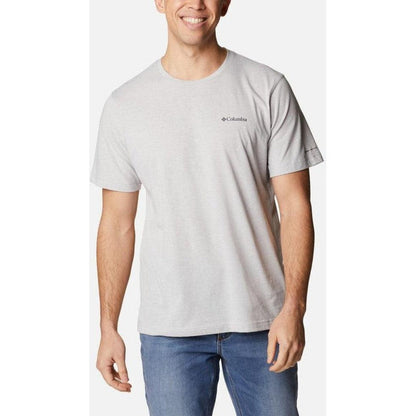 A front view of the Columbia Sportswear Men's Thistletown Hills Short Sleeve in Collegiate, showing the logo on the chest and a model wearing it against a plain white background.
