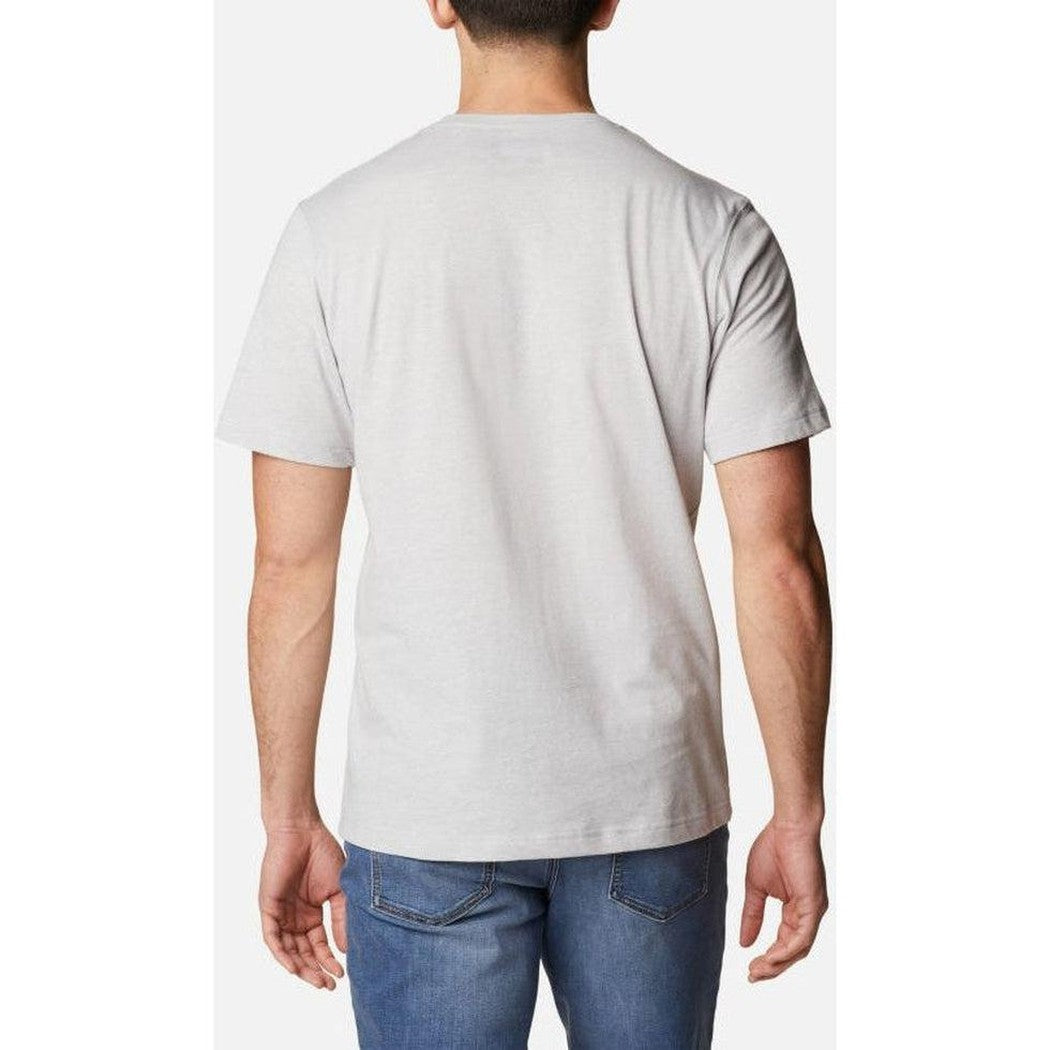 Back view of the Columbia Sportswear Men's Thistletown Hills Short Sleeve in Collegiate, on a model wearing blue jeans against a plain white background.