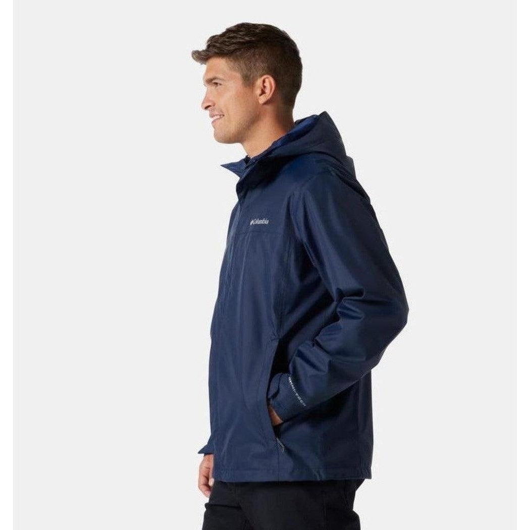 Side view of the Columbia Sportswear Men's Watertight II Jacket in Collegiate Navy with a hood and pockets, against a plain white background.