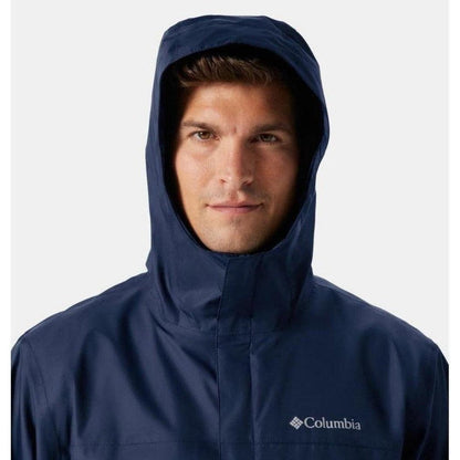 A front view of the Columbia Sportswear Men's Watertight II Jacket in Collegiate Navy with the hood up against a plain white background.