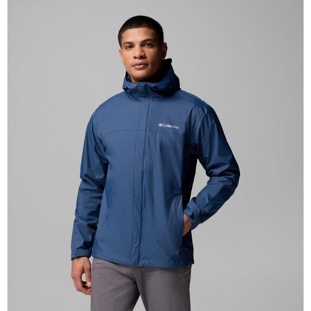 A front view of the Columbia Sportswear Men's Watertight II Jacket in Collegiate Navy on a model against a gray background.