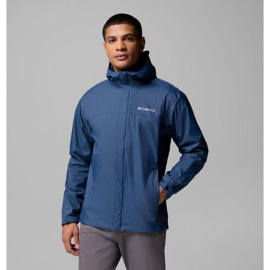 A front view of the Columbia Sportswear Men's Watertight II Jacket in Collegiate Navy on a model against a gray background.