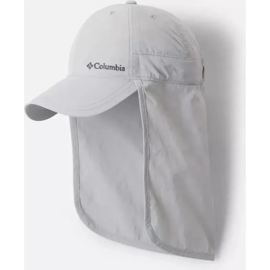 A front view of the Columbia Sportswear Schooner Bank II Cachalot hat in Ancient Fossil with a neck flap, displayed against a plain white background.