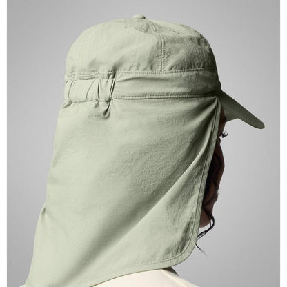 Side view of the Columbia Sportswear Schooner Bank II Cachalot in Ancient Fossil showing the neck flap and a model wearing it against a gray background.