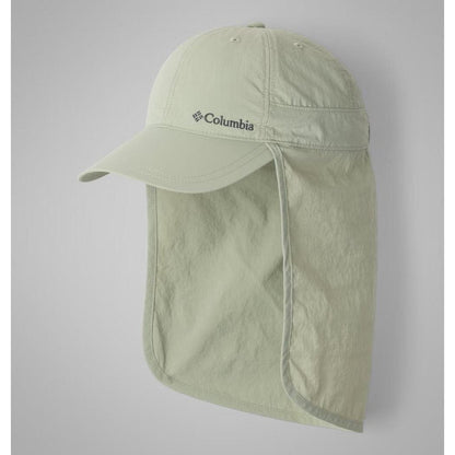 A front view of the Columbia Sportswear Schooner Bank II Cachalot hat in Ancient Fossil color with a neck flap, against a plain light background.