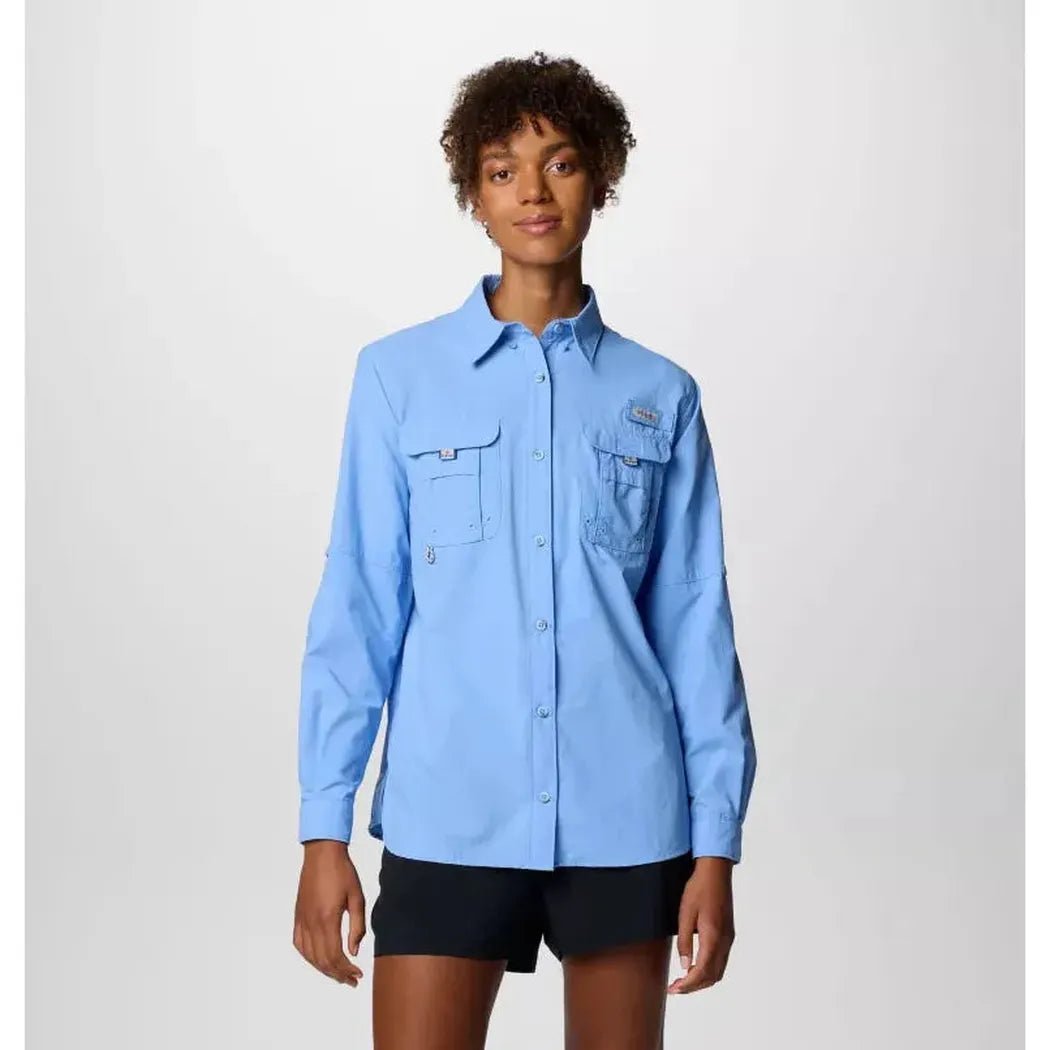 A model wearing the Columbia Sportswear Women's Bahama Long II Sleeve in White Cap stands against a plain white background.