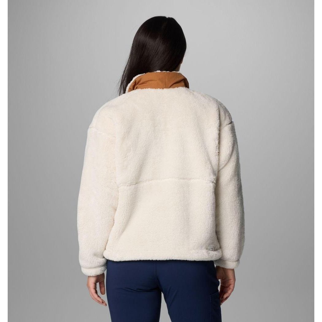 Back view of the Columbia Sportswear Women's Boundless Discovery Sherpa Full Zip II Jacket in Chalk/Camel Brown on a model wearing dark pants against a gray background.