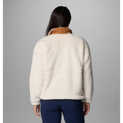 Back view of the Columbia Sportswear Women's Boundless Discovery Sherpa Full Zip II Jacket in Chalk/Camel Brown on a model wearing dark pants against a gray background.