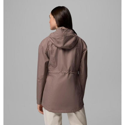 Back view of the Columbia Sportswear Women's Hikebound II Long Jacket in Iron showing the hood and drawstring waist against a gray background.