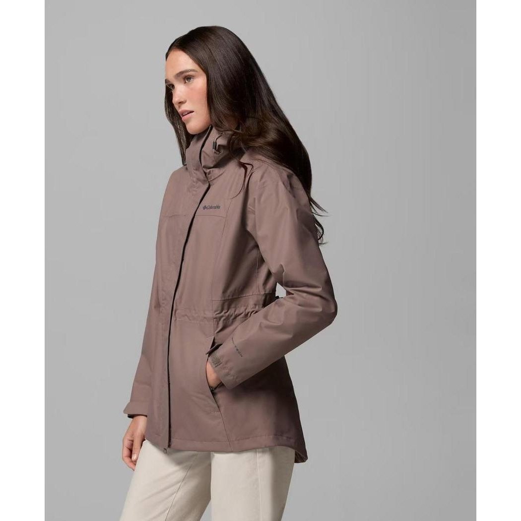 Side view of the Columbia Sportswear Women's Hikebound II Long Jacket in Iron showing the front pocket and neutral background.