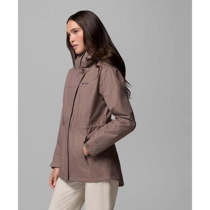 Side view of the Columbia Sportswear Women's Hikebound II Long Jacket in Iron showing the front pocket and neutral background.