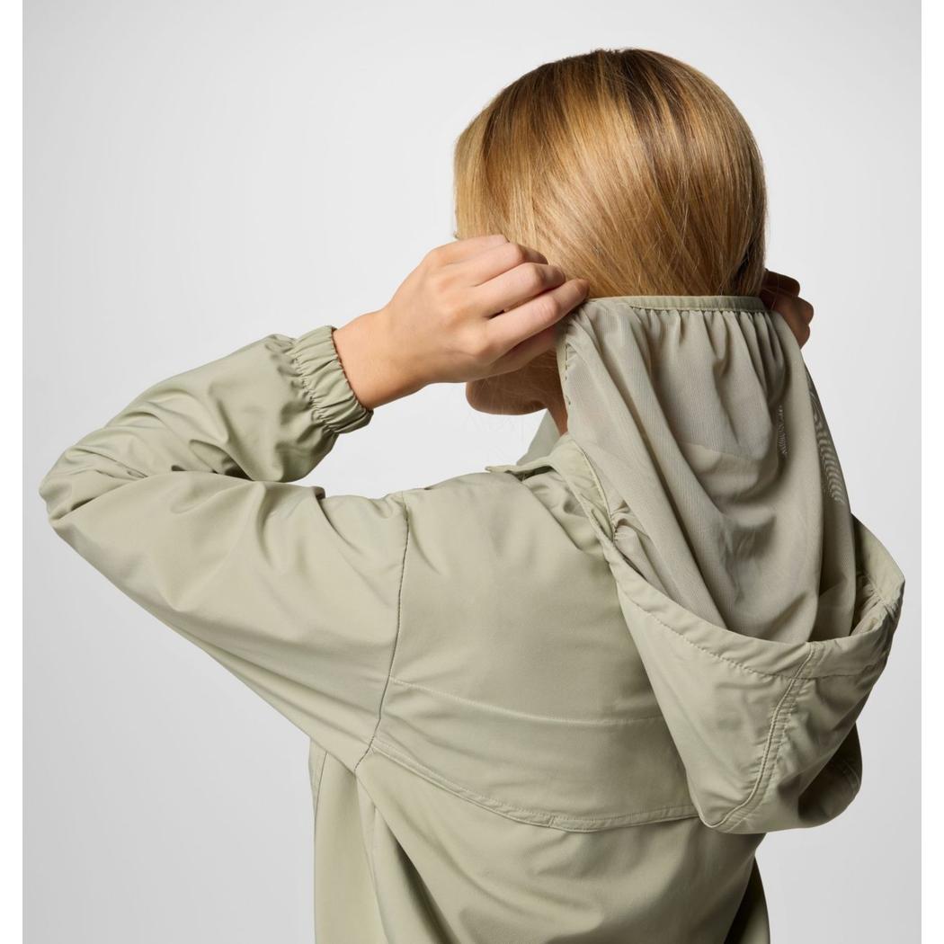 Back view of the Columbia Sportswear Women's Skien Valley Hooded Long Sleeve Shirt in Lavender Pearl showing the hood and a model wearing it against a light background.