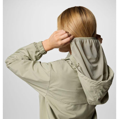 Back view of the Columbia Sportswear Women's Skien Valley Hooded Long Sleeve Shirt in Lavender Pearl showing the hood and a model wearing it against a light background.