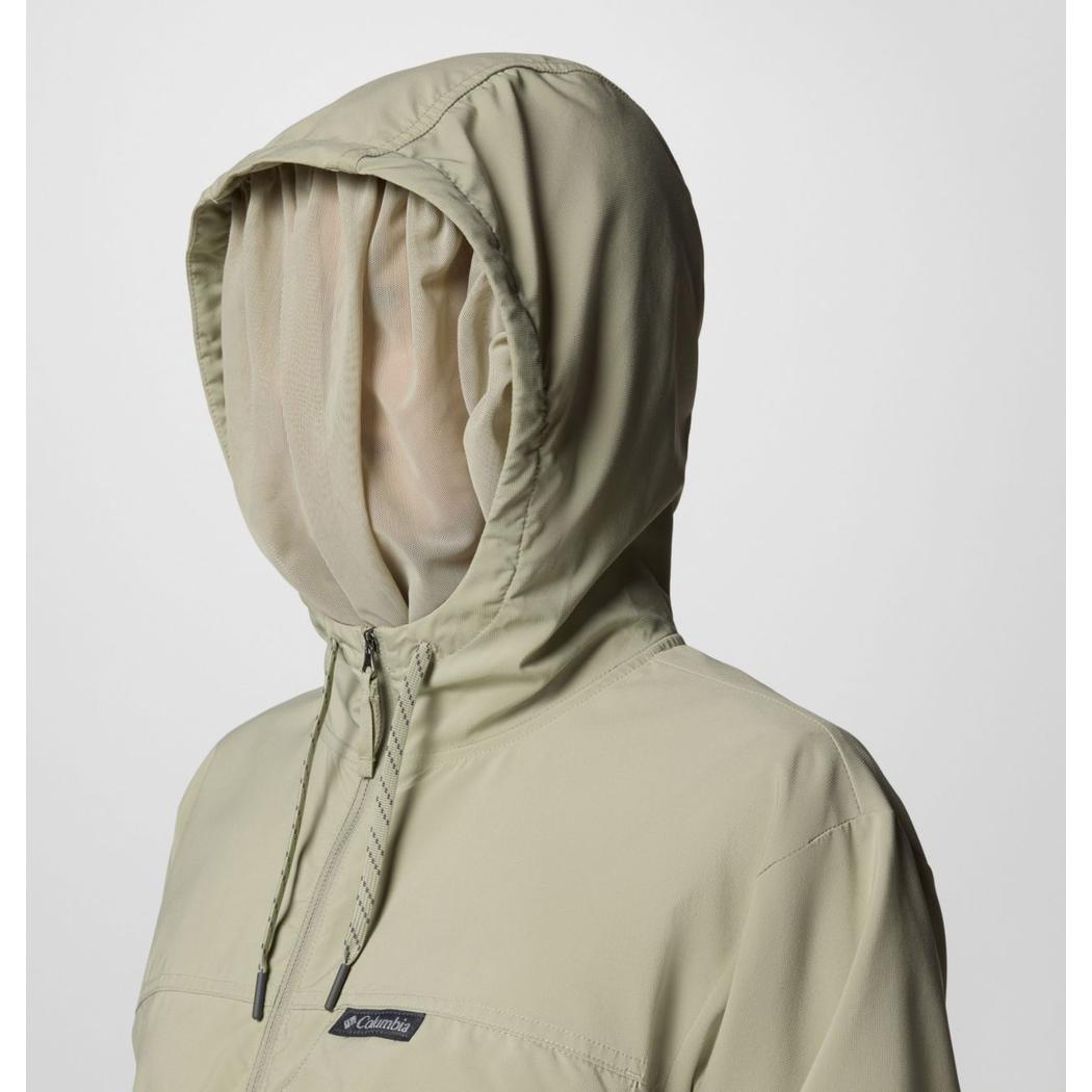 A front view of the Columbia Sportswear Women's Skien Valley Hooded Long Sleeve Shirt in Lavender Pearl with the hood up against a plain background.