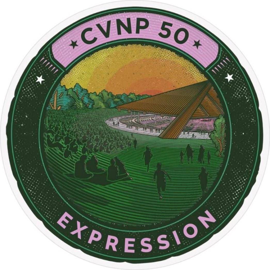 A circular sticker for the CVNP 50th Anniversary shows a sunset scene with a crowd and a pavilion.