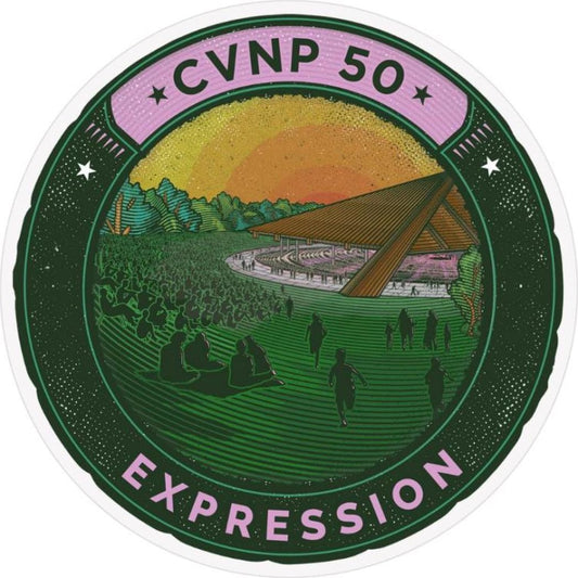 A circular sticker for the CVNP 50th Anniversary shows a sunset scene with a crowd and a pavilion.