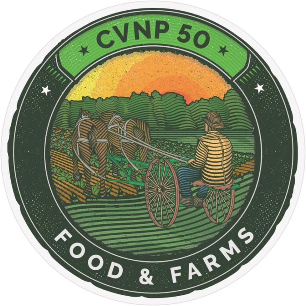 A circular sticker with "CVNP 50" at the top and "Food & Farms" at the bottom shows a farmer on a plow with a horse in a field.