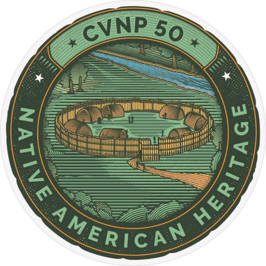 A circular CVNP 50 Native American Heritage anniversary sticker showing a village scene with a river and trees.