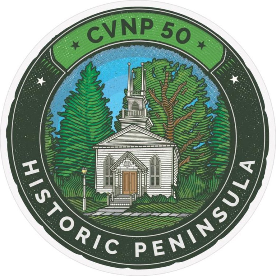 A circular sticker for the CVNP 50th Anniversary Historic Peninsula shows a church with trees in the background.