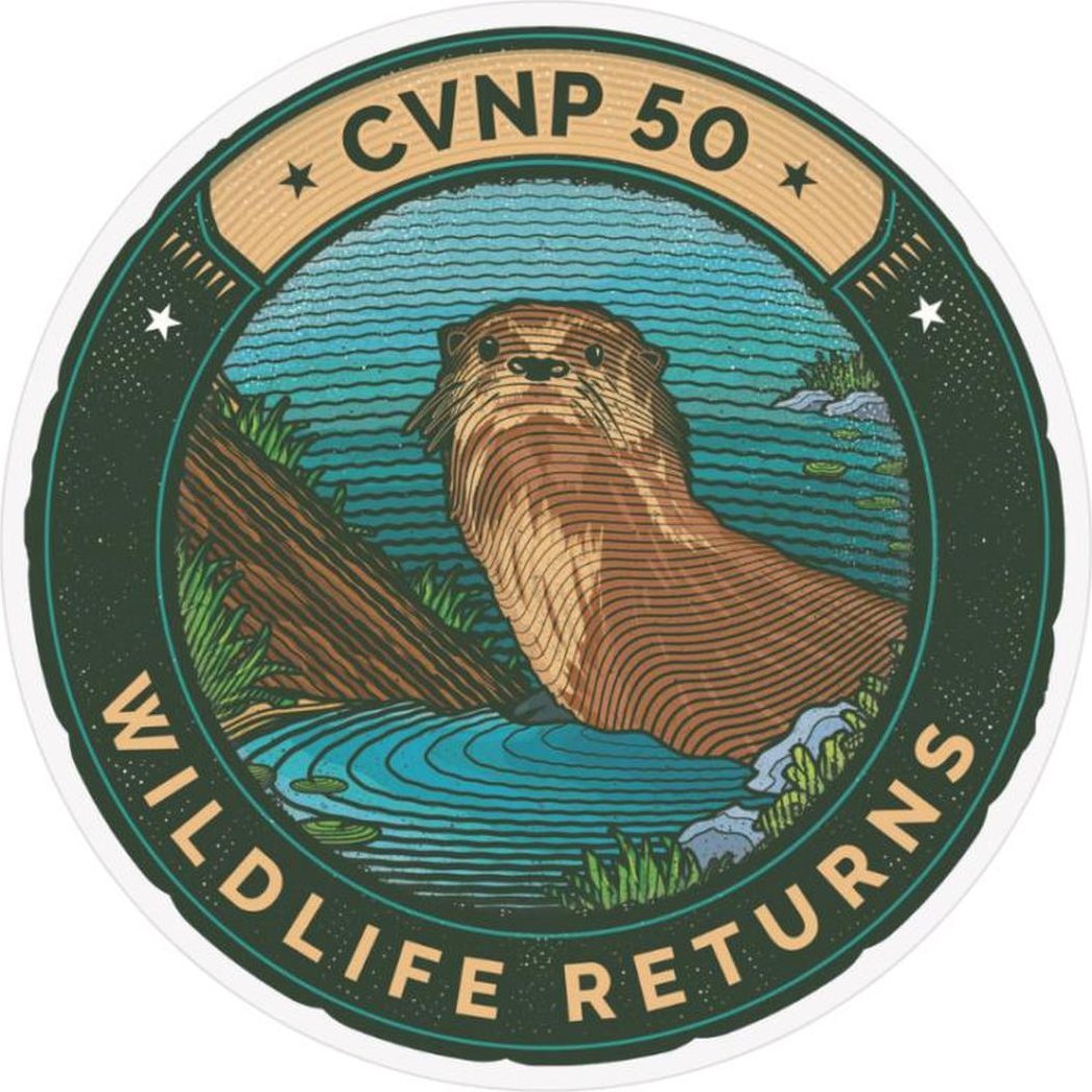 A circular sticker with "CVNP 50" at the top and "WILDLIFE RETURNS" at the bottom features an otter in a lake scene.