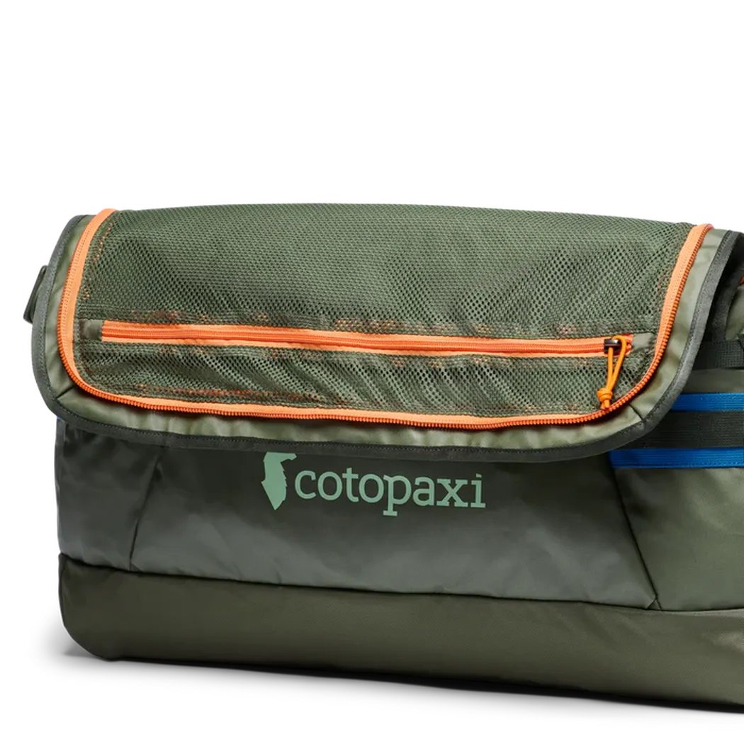 A front view of the Cotopaxi Allpa Getaway 55L Duffel in Cotopaxi Black with a mesh top pocket and blue accents against a white background.
