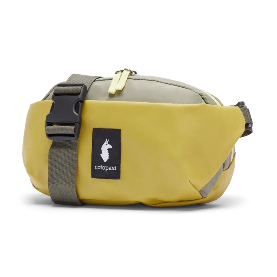 A front view of the Cotopaxi Coso 2L Hip Pack in Abyss/Coastal color with a gray strap and black buckle against a white background.