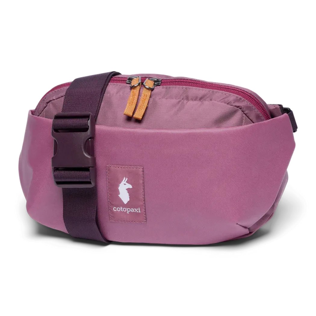 A front view of the Cotopaxi Coso 2L Hip Pack in Abyss/Coastal color with a dark purple strap and zipper pulls against a white background.