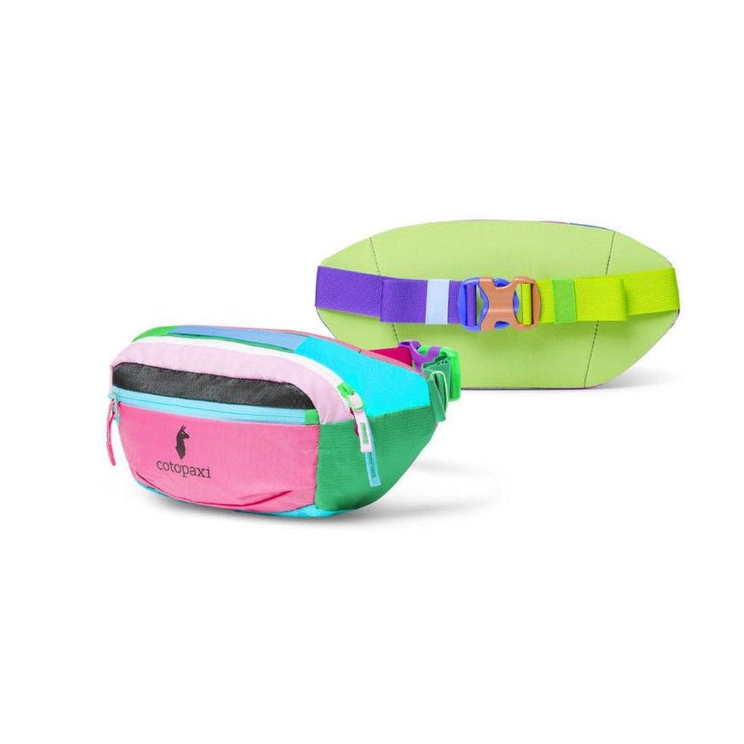 Side view of the Cotopaxi Kapai 3L Hip Pack in Del Dia showing the colorful design and adjustable strap against a white background.
