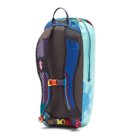 Back view of the Cotopaxi Luzon 24L Daypack Del Dia with blue and charcoal straps against a white background.
