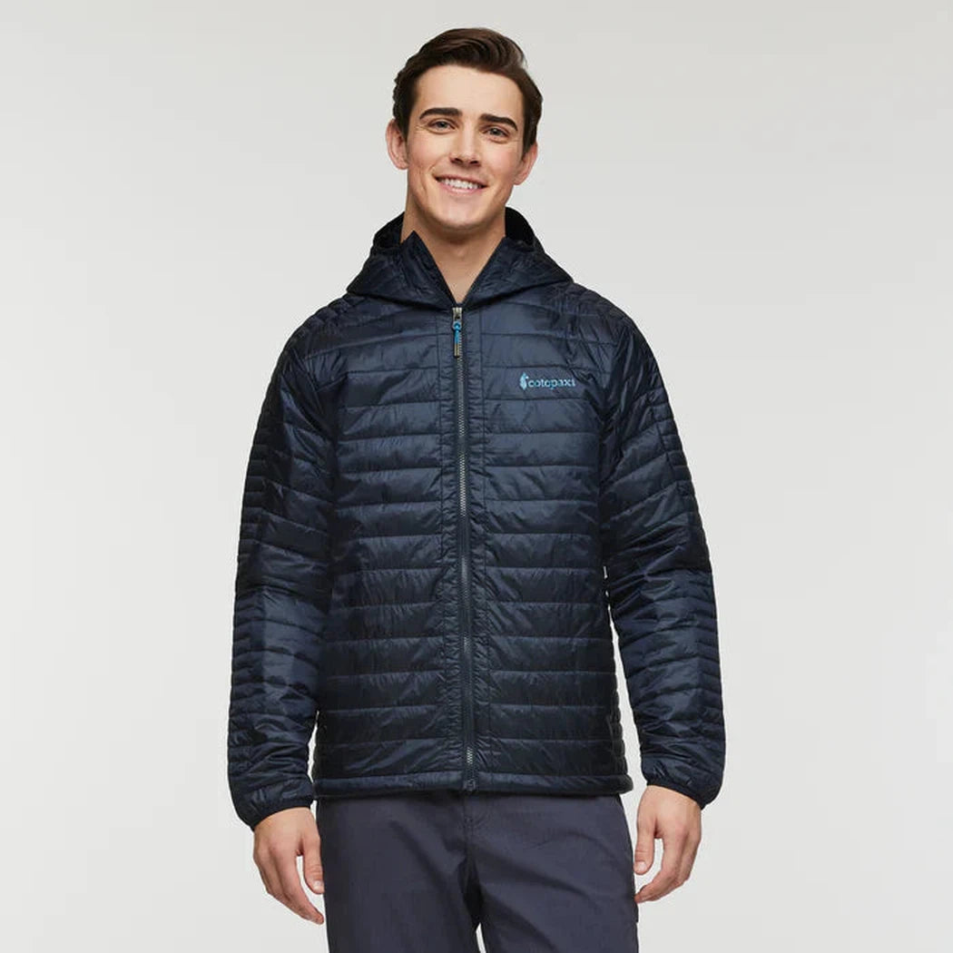 A front view of the Cotopaxi Men's Capa Insulated Hooded jacket in Carbon against a plain white background.