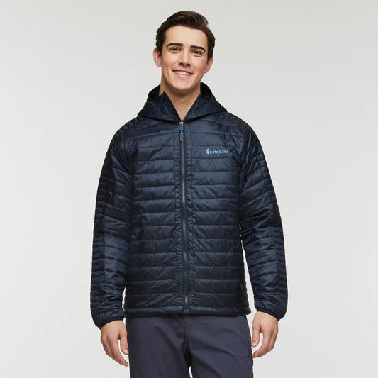 A front view of the Cotopaxi Men's Capa Insulated Hooded jacket in Carbon against a plain white background.