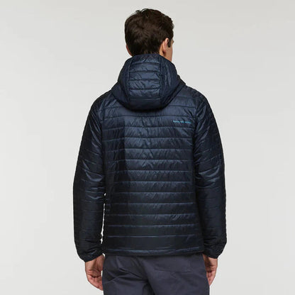 Back view of the Cotopaxi Men's Capa Insulated Hooded jacket in Carbon, showing the hood and quilted design against a plain background.