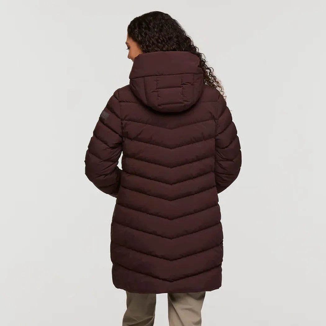 Back view of the Cotopaxi Women's Alivio Down Parka in Coffee showing the hood and quilted design against a plain background.