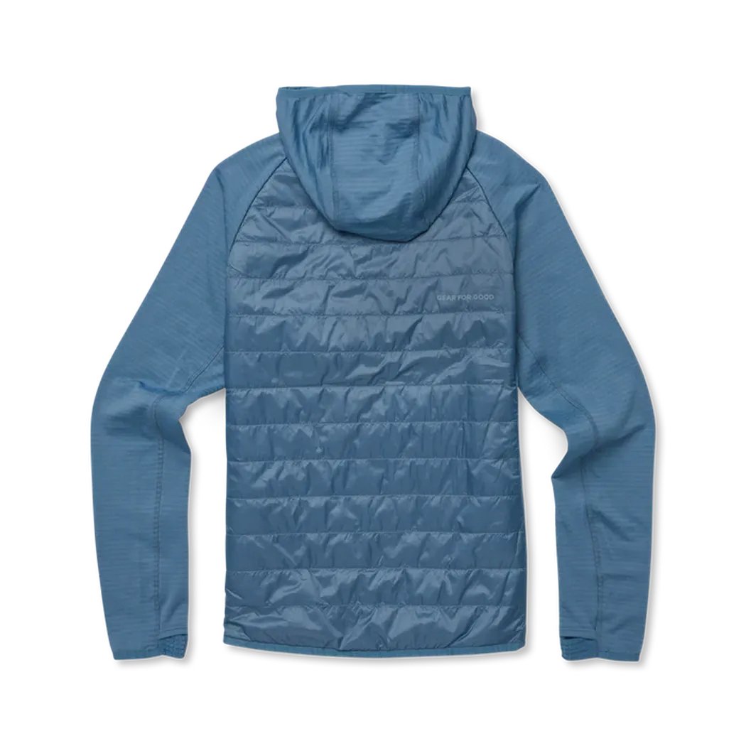 Back view of the Cotopaxi Women's Capa Hybrid Insulated Jacket in Fjord showing the quilted back and hood against a white background.