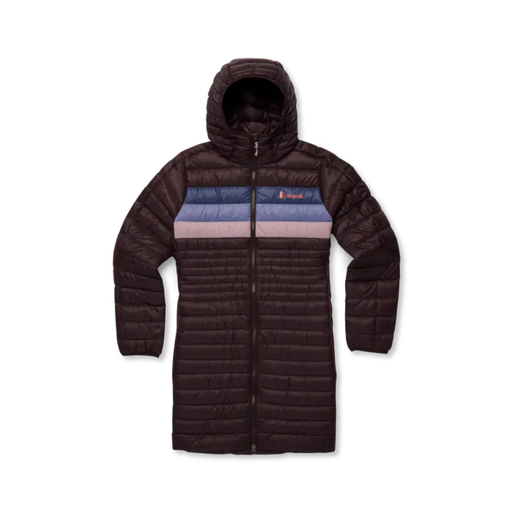 A front view of the Cotopaxi Women's Fuego Down Parka in Coffee Stripes with a hood and color block chest panel against a white background.