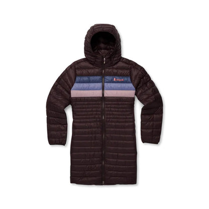 A front view of the Cotopaxi Women's Fuego Down Parka in Coffee Stripes with a hood and color block chest panel against a white background.