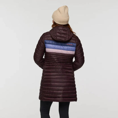 Back view of the Cotopaxi Women's Fuego Down Parka in Coffee Stripes showing the hood and stripe detail against a plain background.