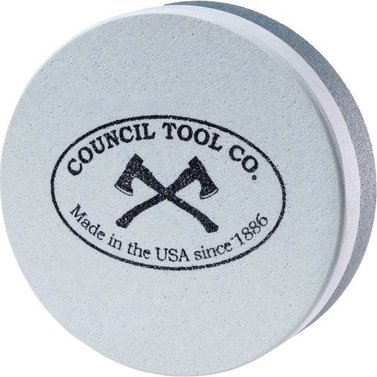 A top-down view of the Council Tool Co. Dual Grit Sharpening Puck 240/400 with its logo and crossed axes visible.