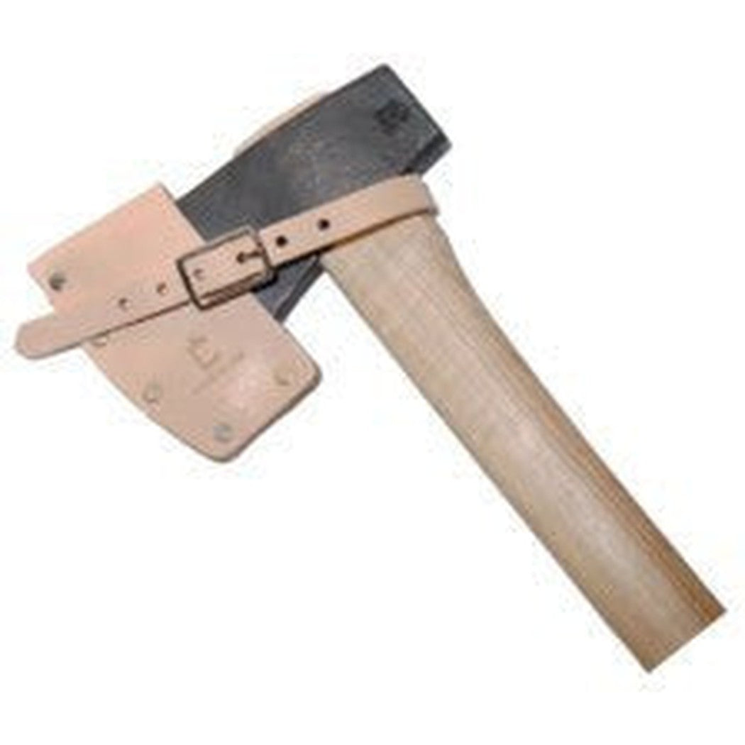 A natural leather mask for Hudson Bay and Boy's axes with a buckle and wooden handle, shown from a side angle against a white background.