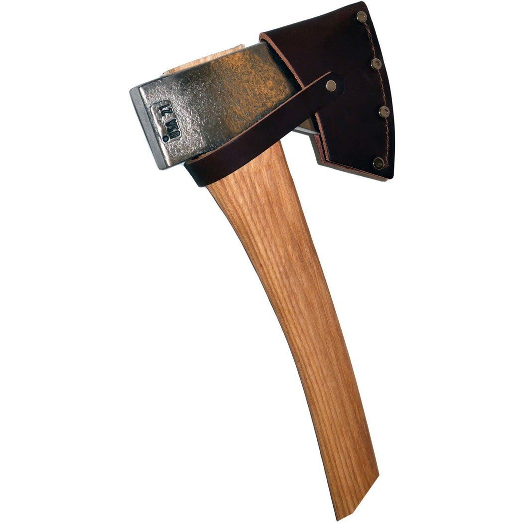 A natural, complete sentence describing the photo: "Side view of the Council Tool Co. Velvicut Premium Hudson Bay Bush Craft/Camp Axe 2lbs, 19" Handle with a wooden handle and a dark metal head,